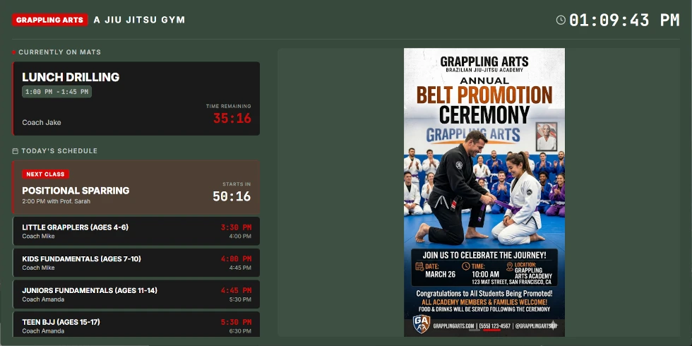 GymBoard digital signage display showing class schedule